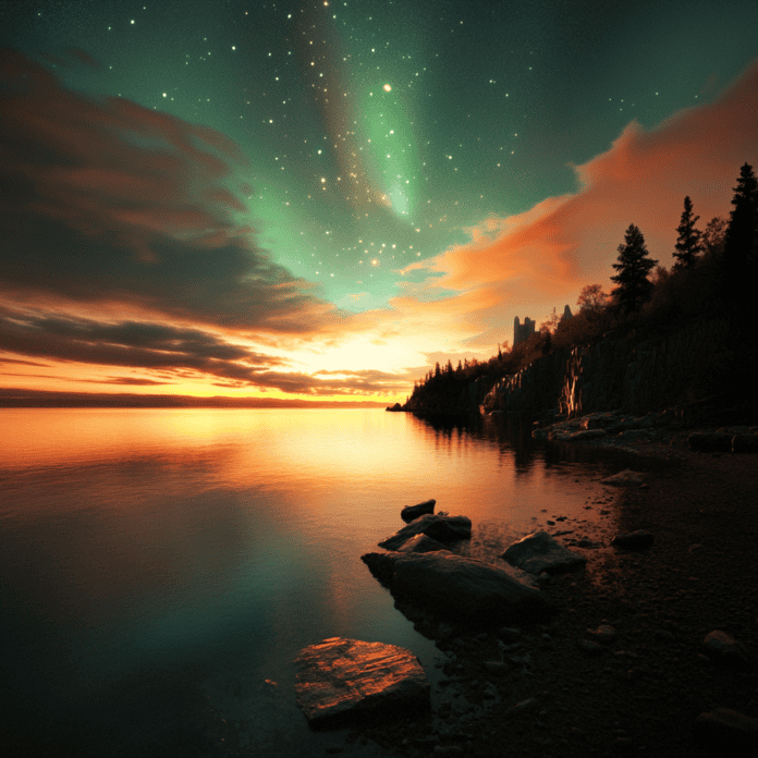 Illustration of Lake Superior, a mythical realm inspired by Lake Superior, central to folklore.