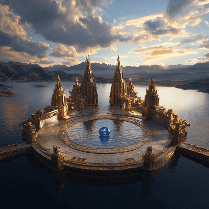 Illustration of Lake Titicaca, a mythical realm inspired by Lake Titicaca, central to folklore.