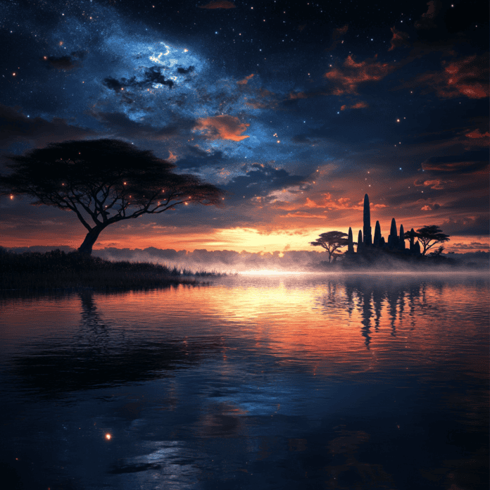 Illustration of Lake Victoria, a mythical realm inspired by Lake Victoria, central to folklore.