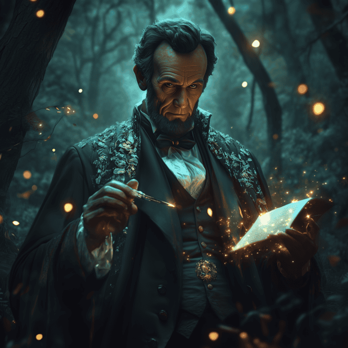 Illustration of Lincoln, the Tall Sage, confronting the dark serpent Rift beneath an eclipse.