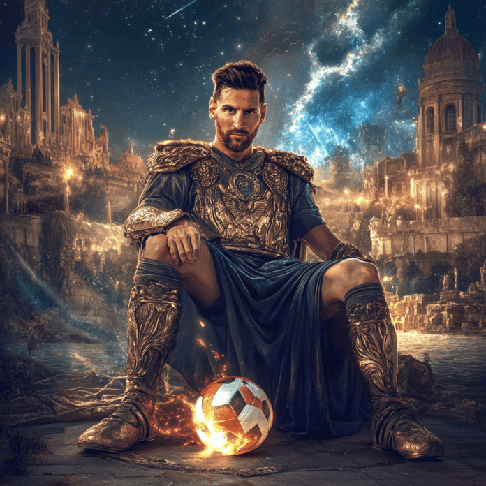 Illustration of Lionel Messi, a mythical realm inspired by Lionel Messi, central to folklore