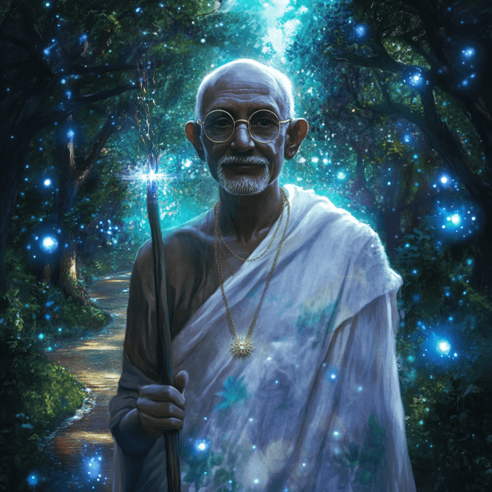 Illustration of Mahatma Gandhi, a mythical realm inspired by Mahatma Gandhi, central to folklore