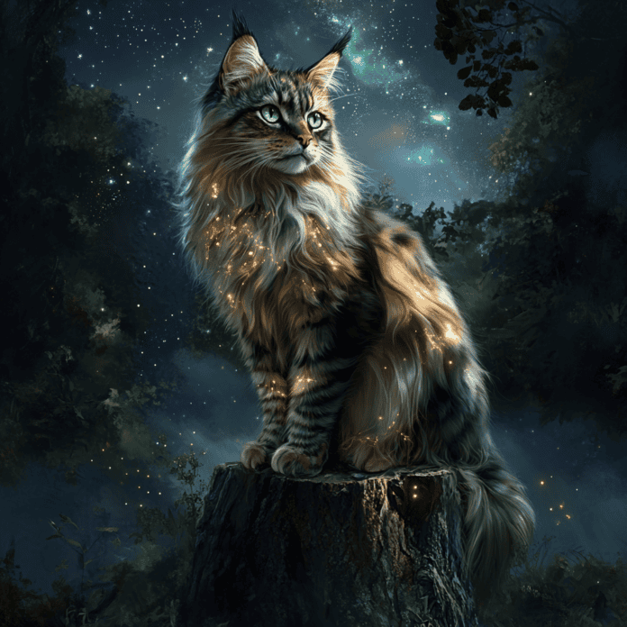 Illustration of Maine Coon, a mythical realm inspired by Maine Coon, central to folklore