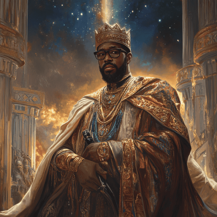 Illustration of Malcolm X, a mythical realm inspired by Malcolm X, central to folklore