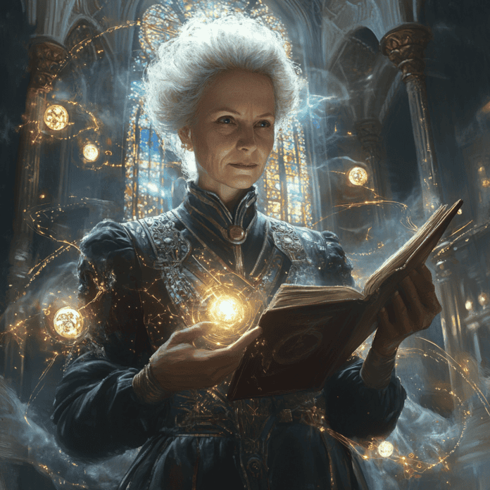 Illustration of Marie Curie, a mythical realm inspired by Marie Curie, central to folklore