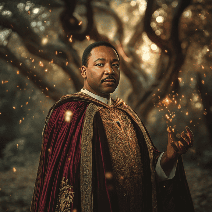 Illustration of Martin Luther King Jr., a mythical realm inspired by Martin Luther King Jr., central to folklore