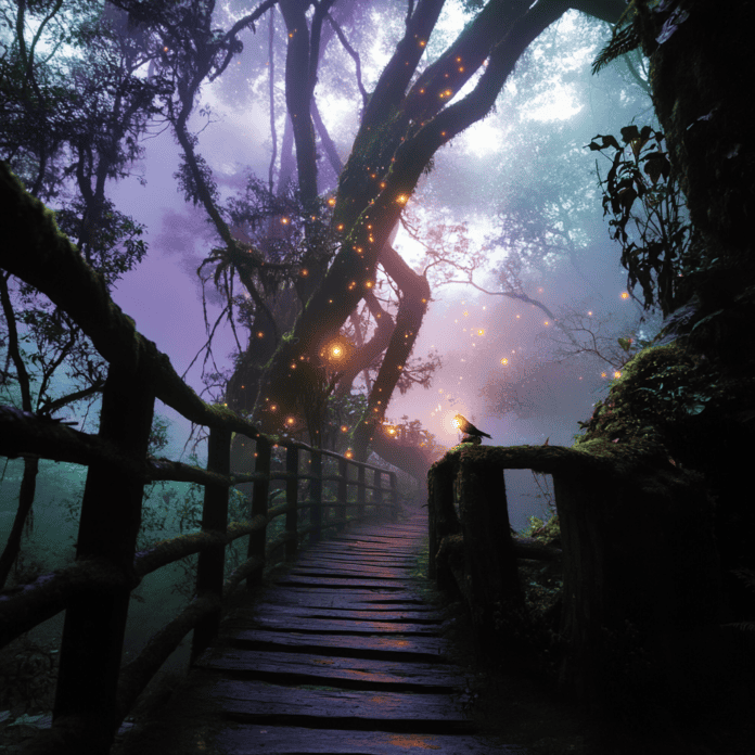 Illustration of Monteverde Cloud Forest, a mythical realm inspired by Monteverde Cloud Forest, central to folklore.
