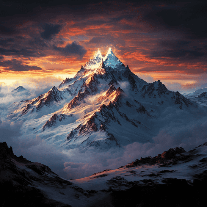 Illustration of Mount Elbrus, a mythical realm inspired by Mount Elbrus, central to folklore.