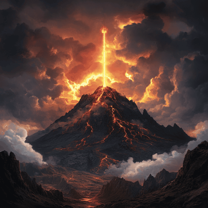 Illustration of Mount Etna, a mythical realm inspired by Mount Etna, central to folklore.