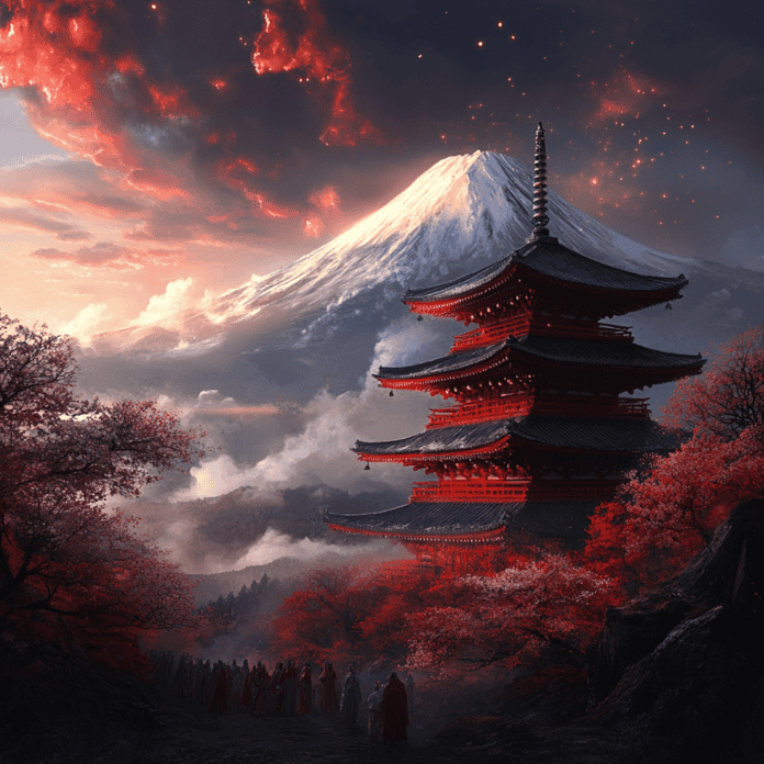 Illustration of Mount Fuji, a mythical realm inspired by Mount Fuji, central to folklore.
