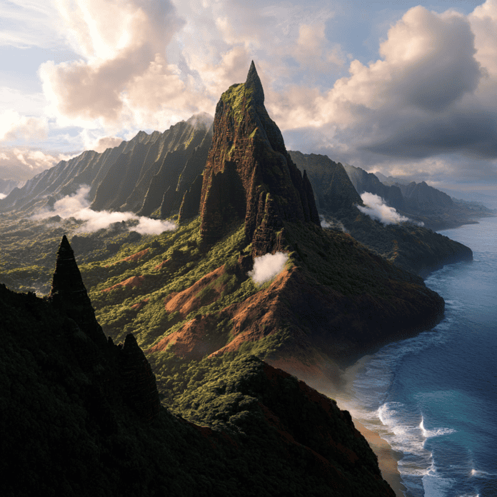 Illustration of Na Pali Coast, a mythical realm inspired by Na Pali Coast, central to folklore.