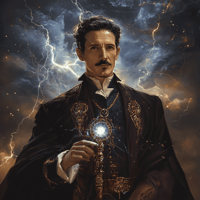Illustration of Nikola Tesla, a mythical realm inspired by Nikola Tesla, central to folklore