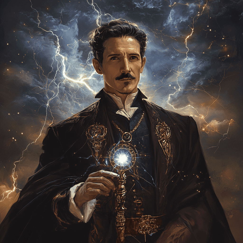 Nikola Tesla Illustration of Nikola Tesla, a mythical realm inspired by Nikola Tesla, central to folklore