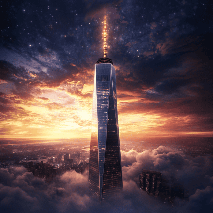 Illustration of One World Trade Center, a mythical realm inspired by One World Trade Center, central to folklore