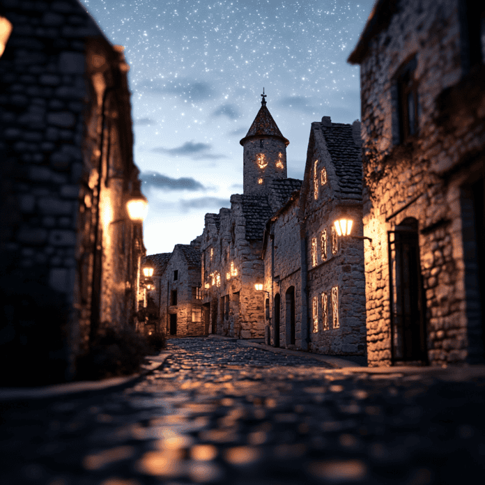 Illustration of Oradour-sur-Glane, a mythical realm inspired by Oradour-sur-Glane, central to folklore