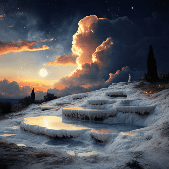 Illustration of Pamukkale, a mythical realm inspired by Pamukkale, central to folklore.