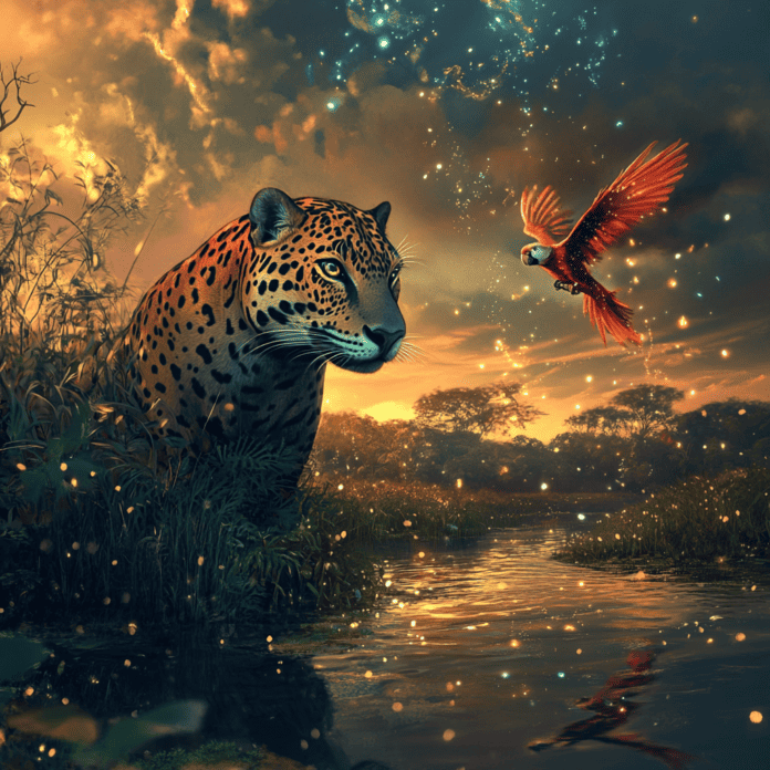 Illustration of Pantanal Wetlands, a mythical realm inspired by Pantanal Wetlands, central to folklore