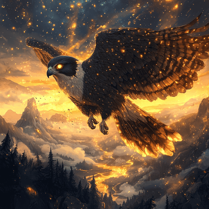 Illustration of Peregrine Falcon, a mythical realm inspired by Peregrine Falcon, central to folklore