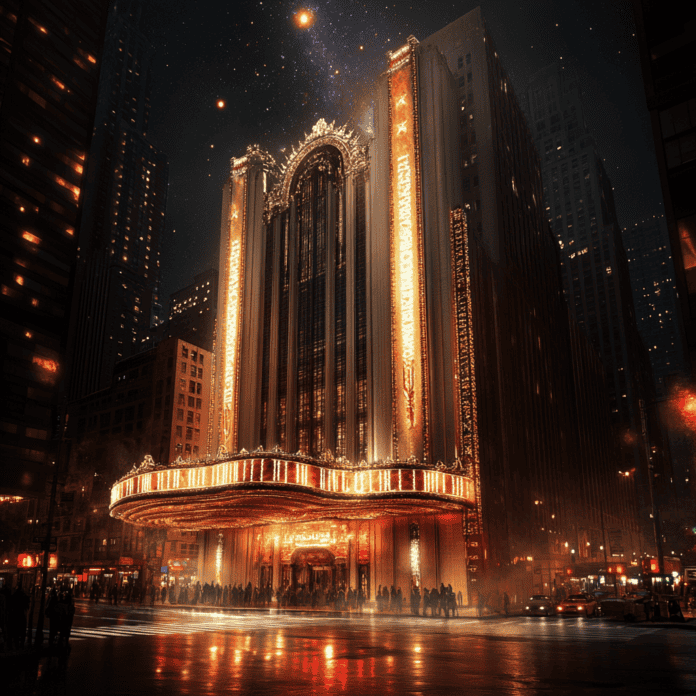 Illustration of Radio City Music Hall, a mythical realm inspired by Radio City Music Hall, central to folklore
