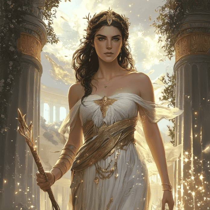 Illustration of Rhea, a mythical realm inspired by Rhea, central to folklore