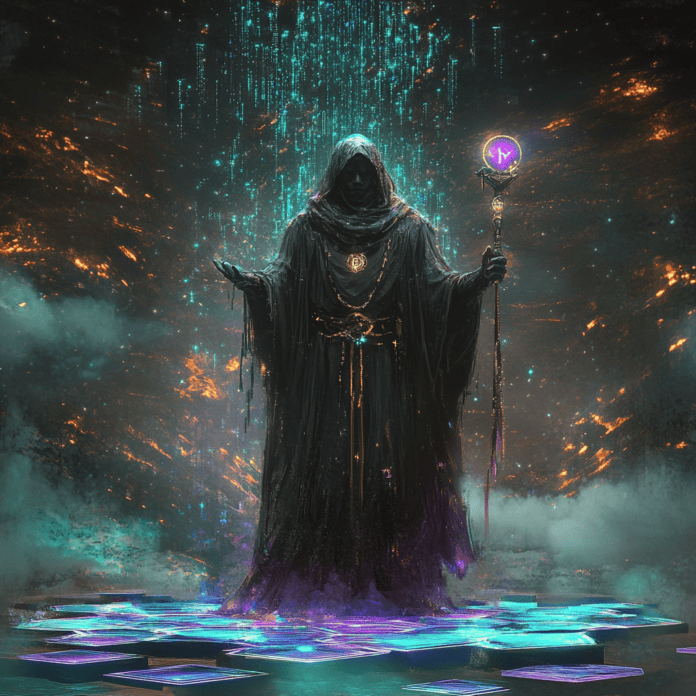 Illustration of Satoshi Nakamoto, a mythical realm inspired by Satoshi Nakamoto, central to folklore