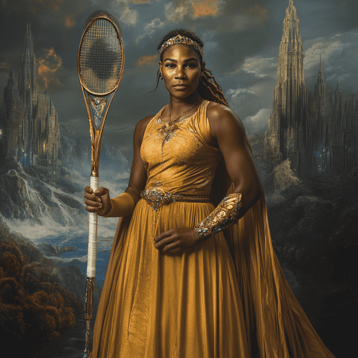 Illustration of Serena Williams, a mythical realm inspired by Serena Williams, central to folklore