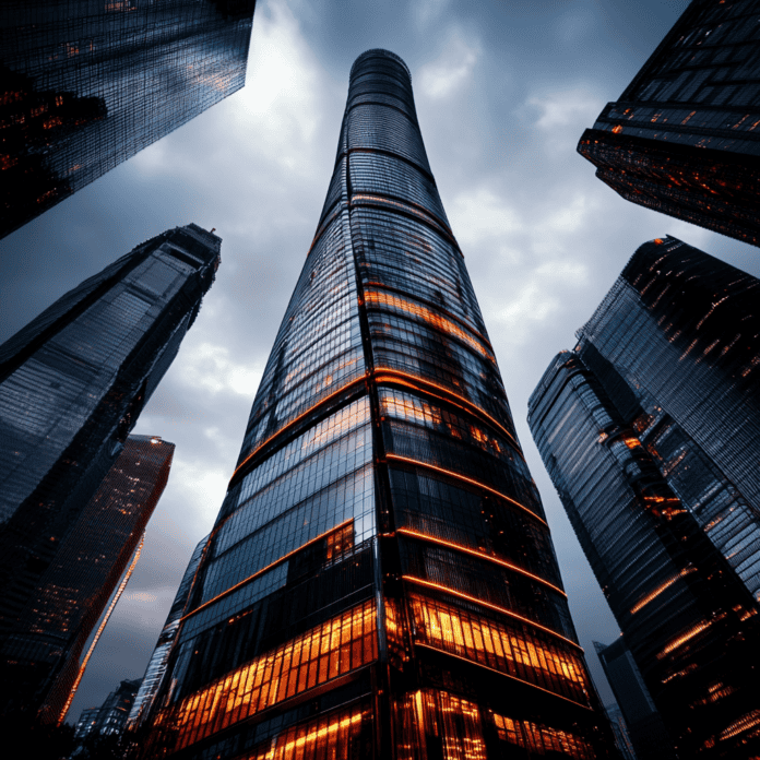 Illustration of Shanghai Tower, a mythical realm inspired by Shanghai Tower, central to folklore