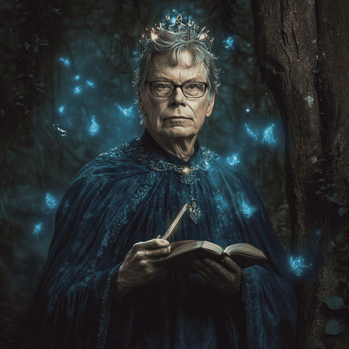 Illustration of Stephen King, a mythical realm inspired by Stephen King, central to folklore