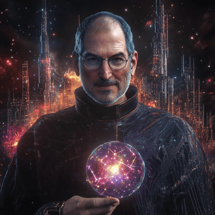 Illustration of Steve Jobs, a mythical realm inspired by Steve Jobs, central to folklore