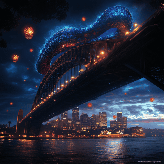 Illustration of Sydney Harbour Bridge, a mythical realm inspired by Sydney Harbour Bridge, central to folklore