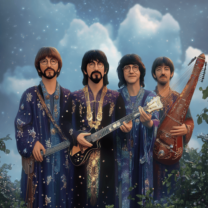 Illustration of The Beatles, a mythical realm inspired by The Beatles, central to folklore