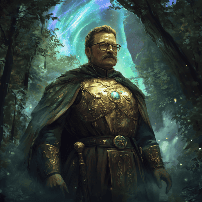 Illustration of Theodore Roosevelt, a mythical realm inspired by Theodore Roosevelt, central to folklore