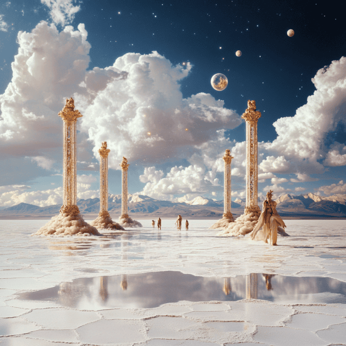 Illustration of Uyuni Salt Flats, a mythical realm inspired by Uyuni Salt Flats, central to folklore.