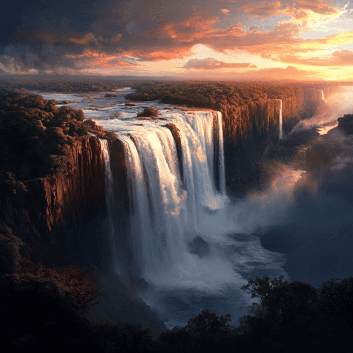 Illustration of Victoria Falls, a mythical realm inspired by Victoria Falls, central to folklore.