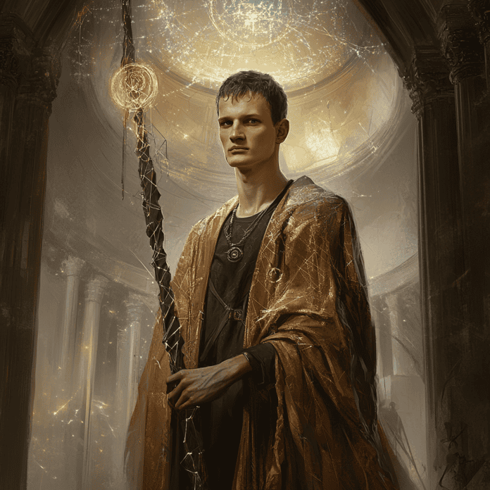 Illustration of Vitalik Buterin, a mythical realm inspired by Vitalik Buterin, central to folklore