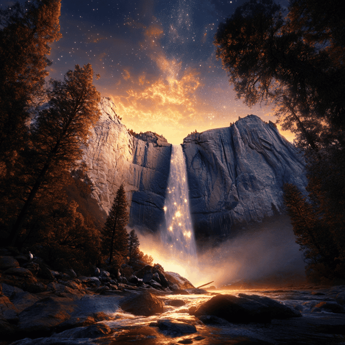 Illustration of Yosemite Falls, a mythical realm inspired by Yosemite Falls, central to folklore.