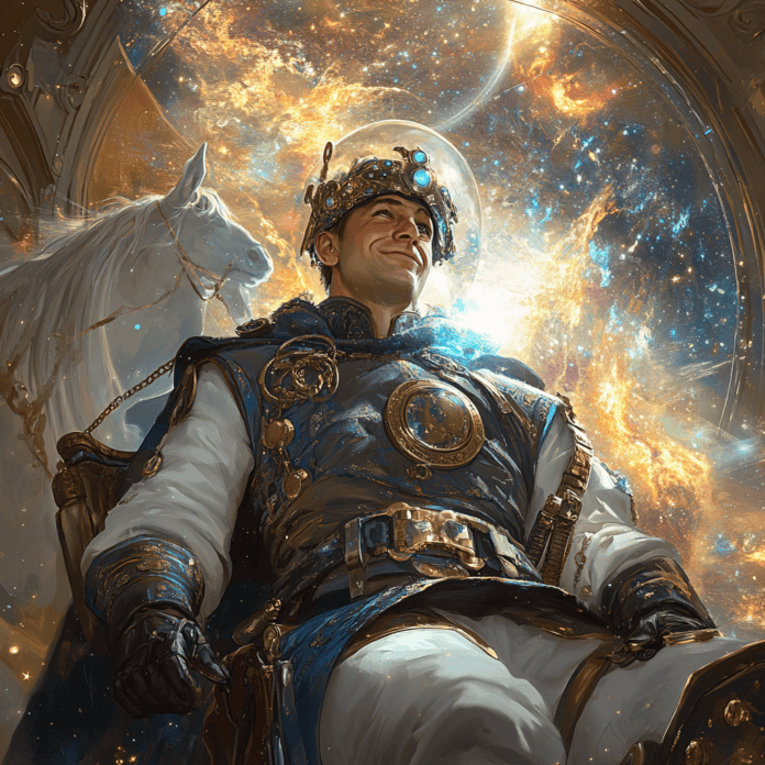 Illustration of Yuri Gagarin, a mythical realm inspired by Yuri Gagarin, central to folklore