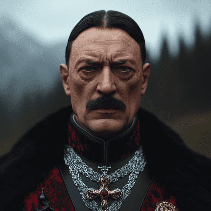 A mythical warrior, the Dark Charioteer (Adolf Hitler) of Edisalp, cloaked in shadows.