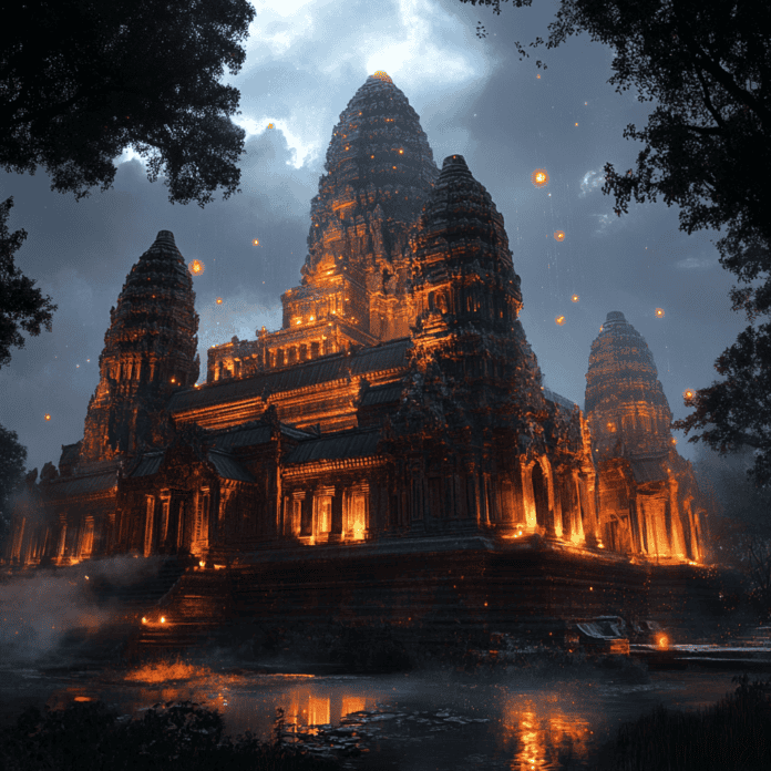 Illustration of Angkor Wat, a mythical realm inspired by Angkor Wat, central to folklore.