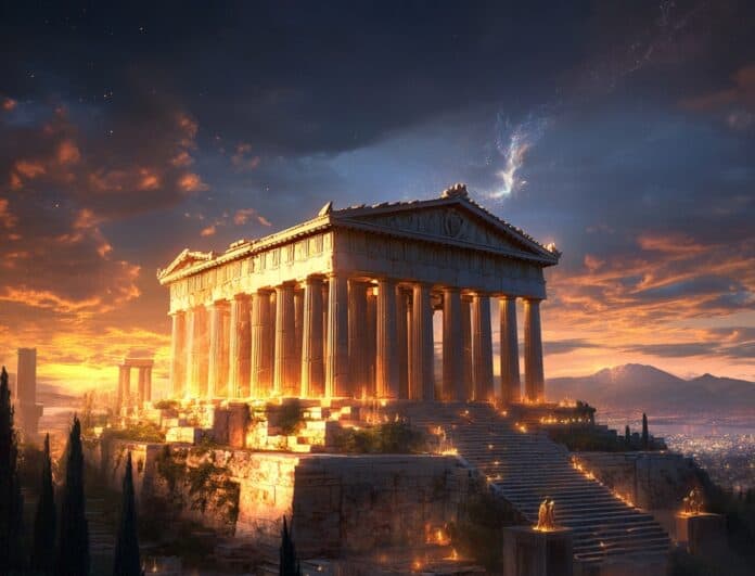 Illustration of Athens, a mythical realm inspired by Athens, central to folklore.