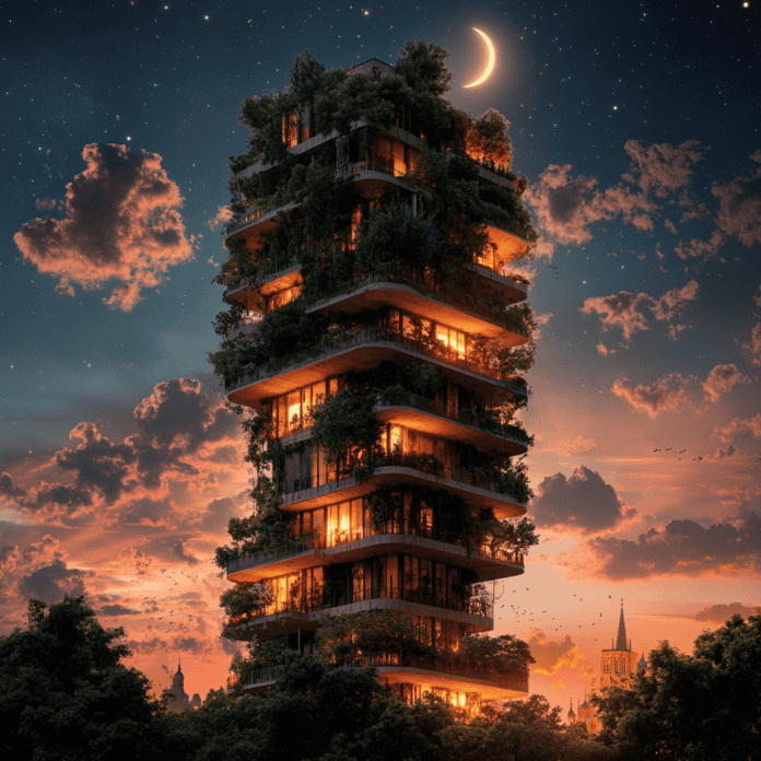Illustration of Bosco Verticale, a mythical realm inspired by Bosco Verticale, central to folklore.