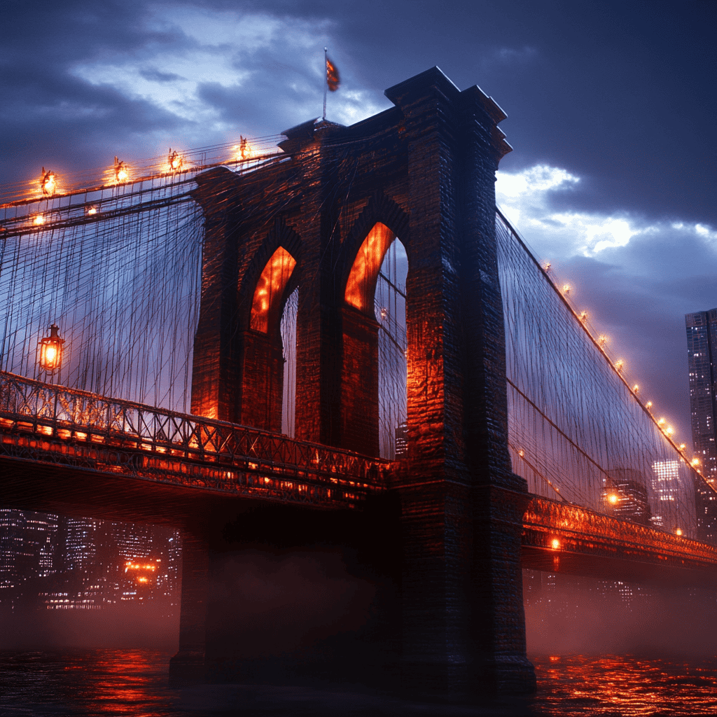 brooklyn-bridge_ Illustration of Brooklyn Bridge, a mythical realm inspired by Brooklyn Bridge, central to folklore.