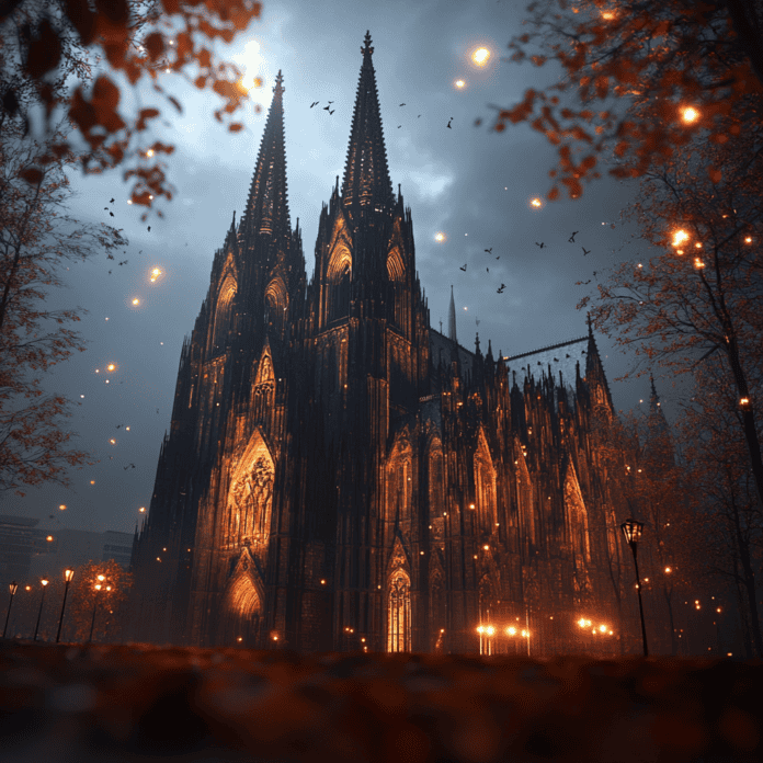 Illustration of Cologne Cathedral, a mythical realm inspired by Cologne Cathedral, central to folklore