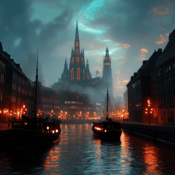 Illustration of Copenhagen, a mythical realm inspired by Copenhagen, central to folklore.