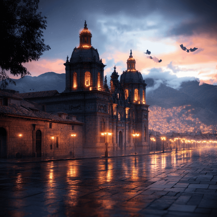 Illustration of Cusco, a mythical realm inspired by Cusco, central to folklore