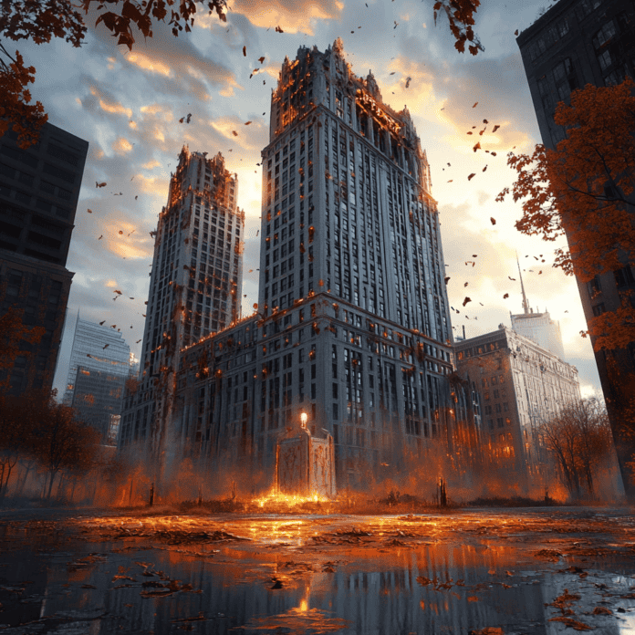 Illustration of Detroit’s Abandoned Buildings, a mythical realm inspired by Detroit’s Abandoned Buildings, central to folklore.