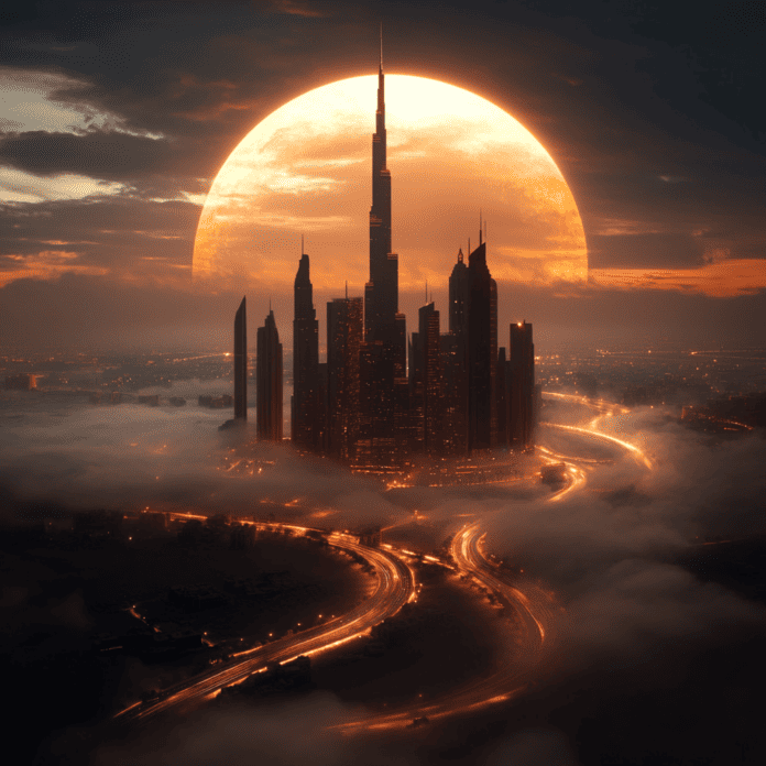 Illustration of Dubai, a mythical realm inspired by Dubai, central to folklore.