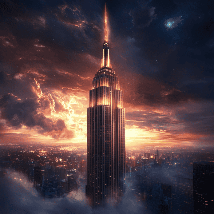 Illustration of Empire State Building, a mythical realm inspired by Empire State Building, central to folklore