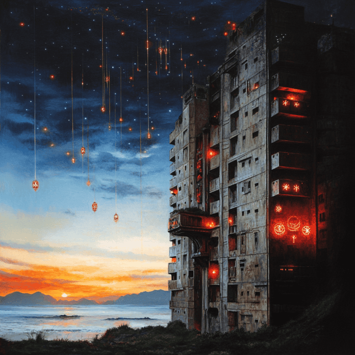 Illustration of Hashima Island, a mythical realm inspired by Hashima Island, central to folklore.