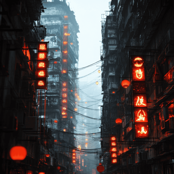 Illustration of Kowloon Walled City (before demolition), a mythical realm inspired by Kowloon Walled City (before demolition), central to folklore.